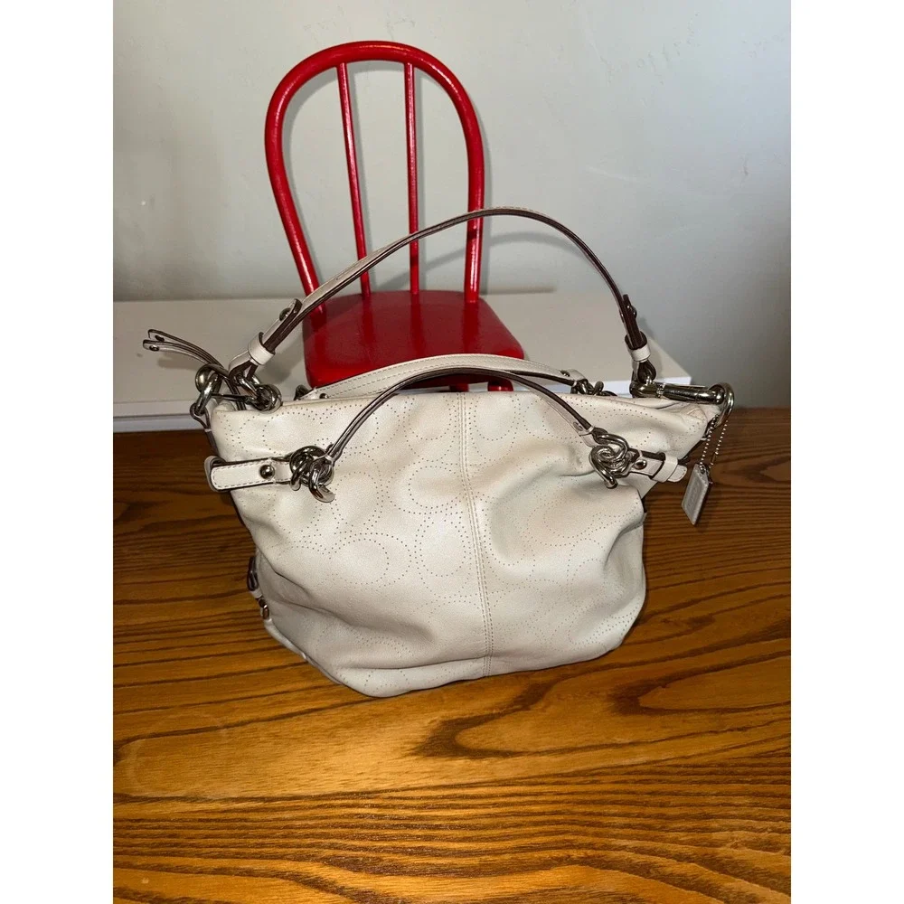 Coach Perforated Signature Leather Shoulder Bag Off White Silver Hardware Hobo